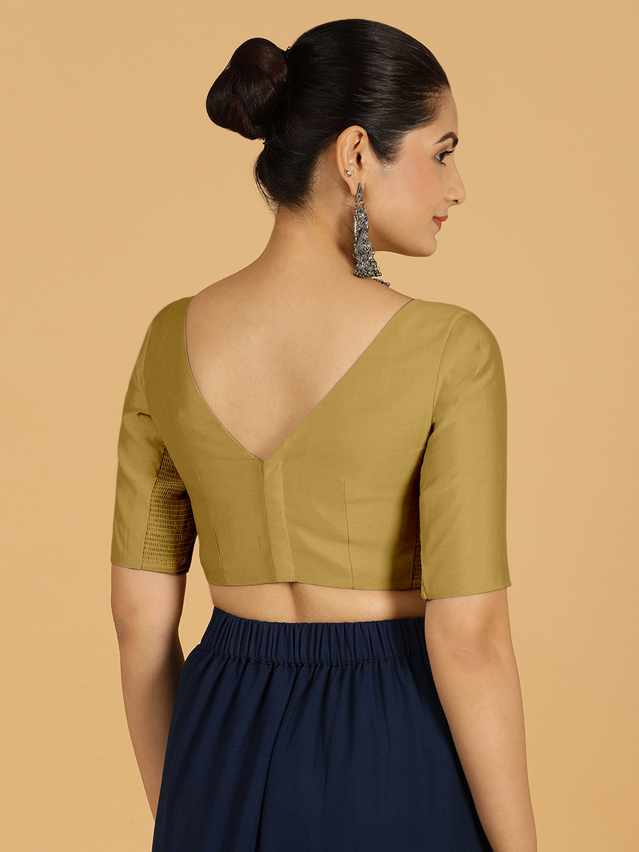Trisha x Rozaana Saree Blouse, in Yellow Viscose, featuring elbow sleeves and boat neckline, made for daily & work (view 2).