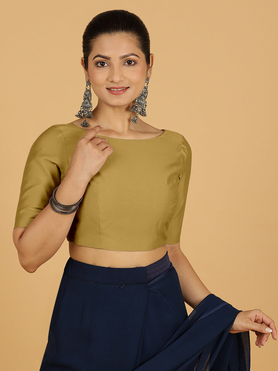 Trisha x Rozaana Saree Blouse, in Yellow Viscose, featuring elbow sleeves and boat neckline, made for daily & work (view 6).