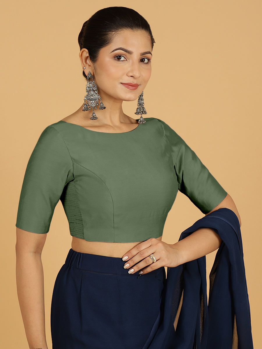 Trisha x Rozaana Saree Blouse, in Green Viscose, featuring elbow sleeves and boat neckline, made for daily & work (view 5).
