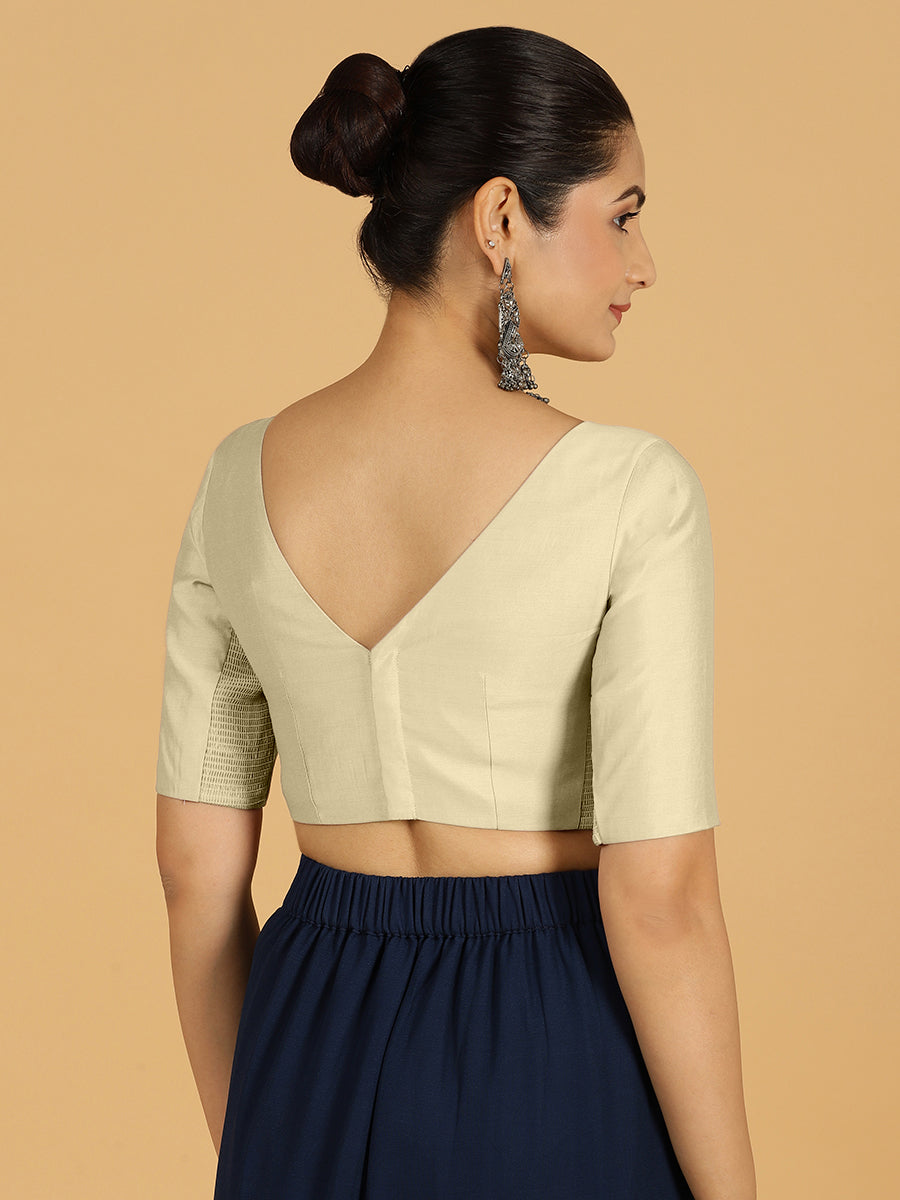 Trisha x Rozaana Saree Blouse, in White Viscose, featuring elbow sleeves and boat neckline, made for daily & work (view 2).