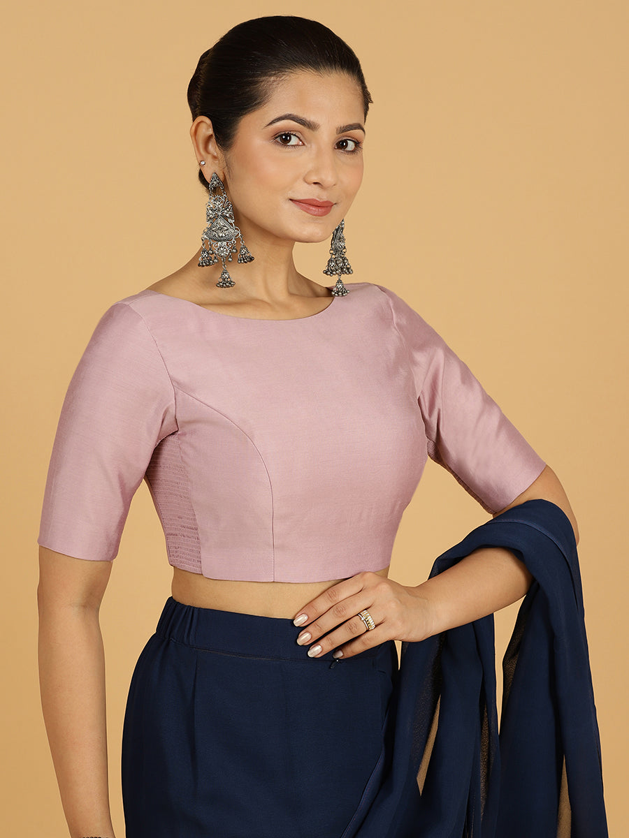 Trisha x Rozaana Saree Blouse, in Purple Viscose, featuring elbow sleeves and boat neckline, made for daily & work (view 5).