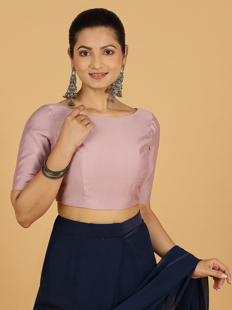 Trisha x Rozaana Saree Blouse, in Purple Viscose, featuring elbow sleeves and boat neckline, made for daily & work (view 7).