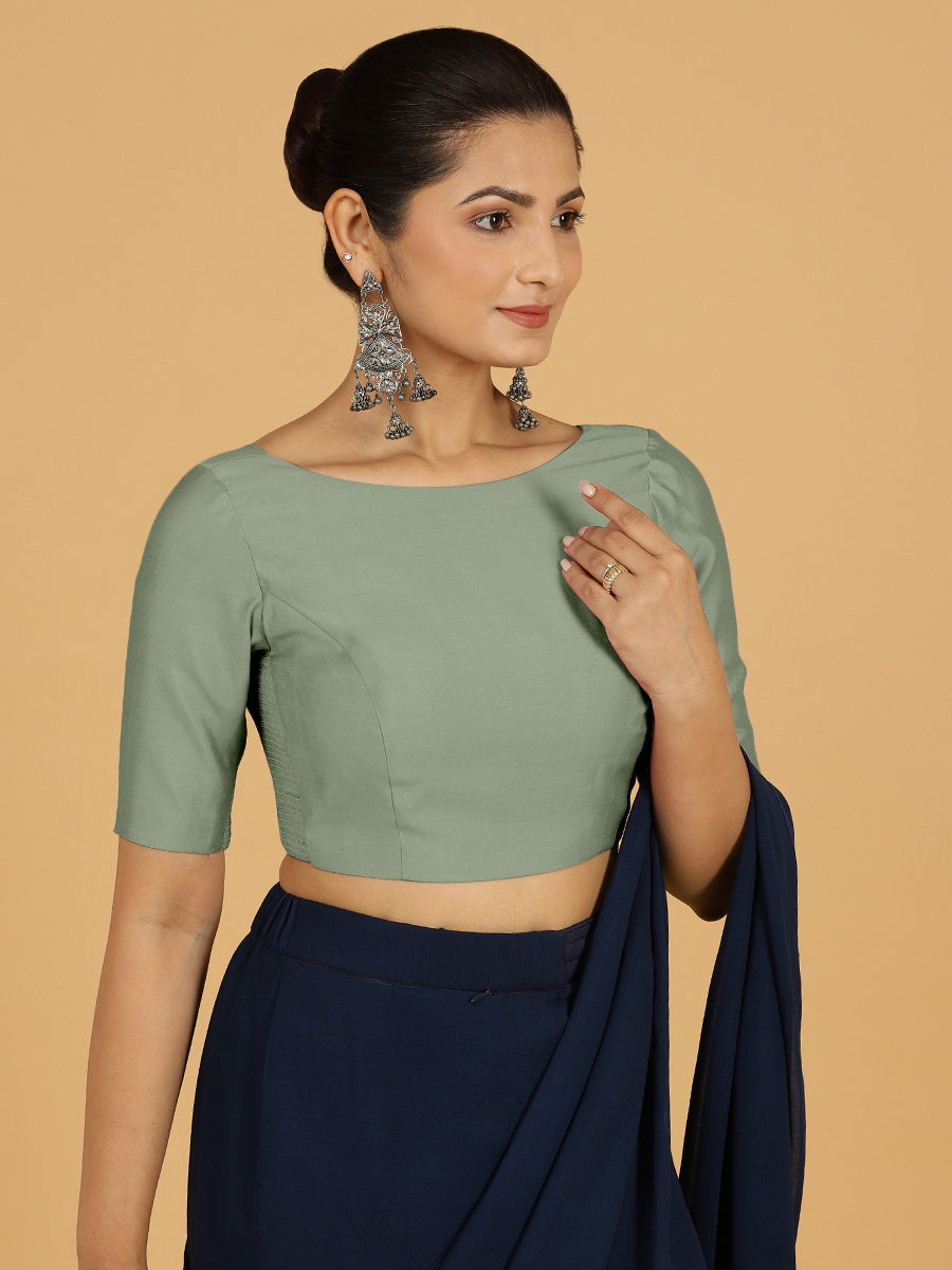 Trisha x Rozaana Saree Blouse, in Green Viscose, featuring elbow sleeves and boat neckline, made for daily & work (view 6).