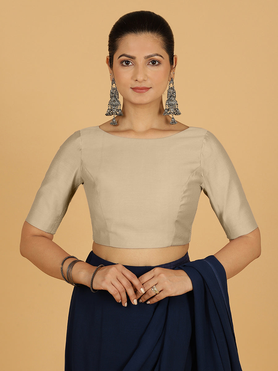 Trisha x Rozaana Saree Blouse, in Grey Viscose, featuring elbow sleeves and boat neckline, made for daily & work.