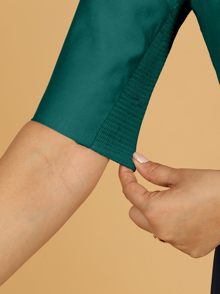 Trisha x Rozaana Saree Blouse, in Green Viscose, featuring elbow sleeves and boat neckline, made for daily & work (view 4).
