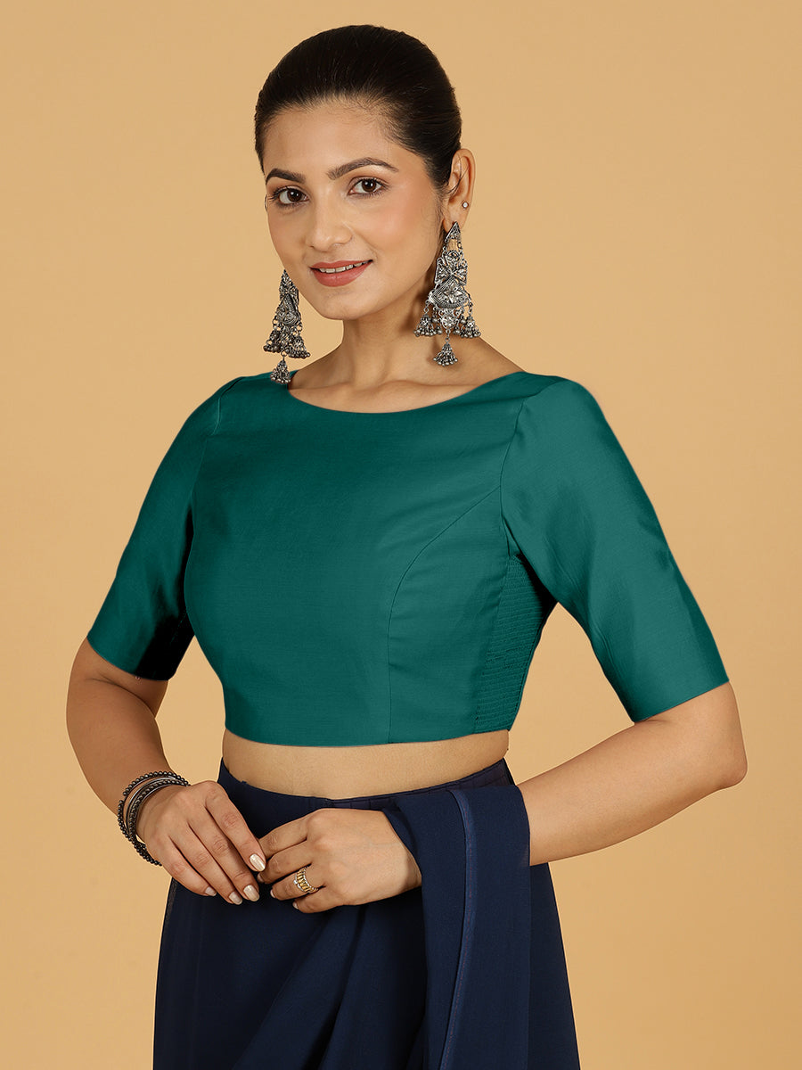 Trisha x Rozaana Saree Blouse, in Green Viscose, featuring elbow sleeves and boat neckline, made for daily & work (view 7).