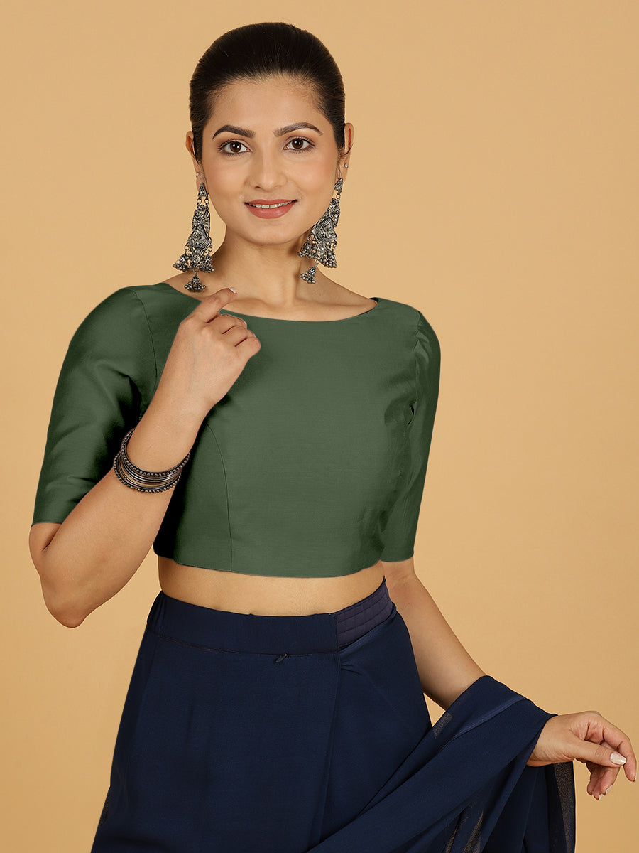 Trisha x Rozaana Saree Blouse, in Green Viscose, featuring elbow sleeves and boat neckline, made for daily & work (view 6).