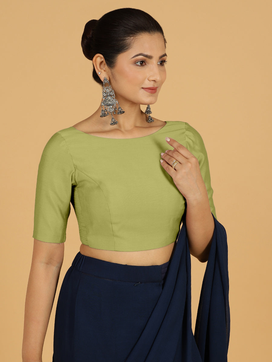 Trisha x Rozaana Saree Blouse, in Green Viscose, featuring elbow sleeves and boat neckline, made for daily & work (view 6).