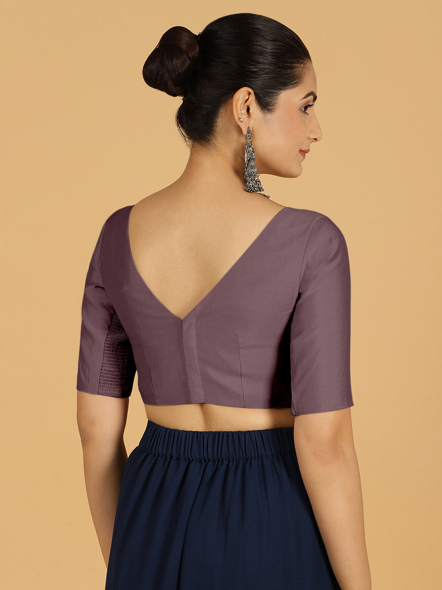 Trisha x Rozaana Saree Blouse, in Purple Viscose, featuring elbow sleeves and boat neckline, made for daily & work (view 2).