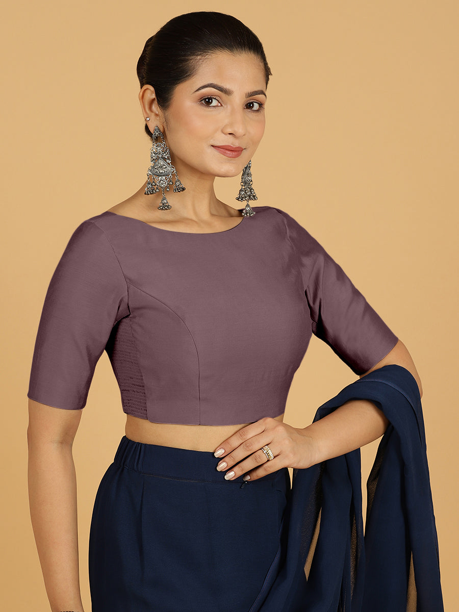 Trisha x Rozaana Saree Blouse, in Purple Viscose, featuring elbow sleeves and boat neckline, made for daily & work (view 5).