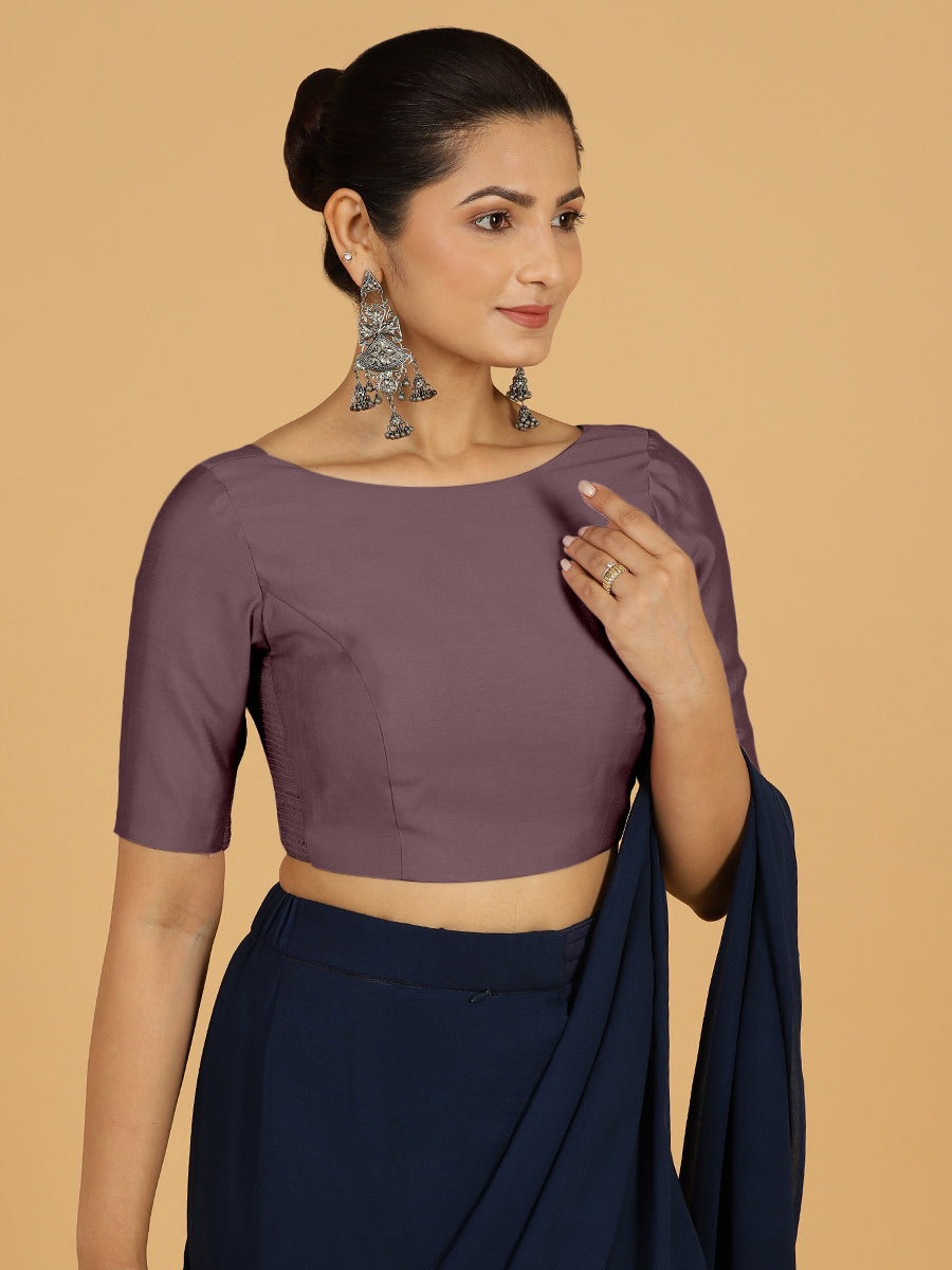 Trisha x Rozaana Saree Blouse, in Purple Viscose, featuring elbow sleeves and boat neckline, made for daily & work (view 6).