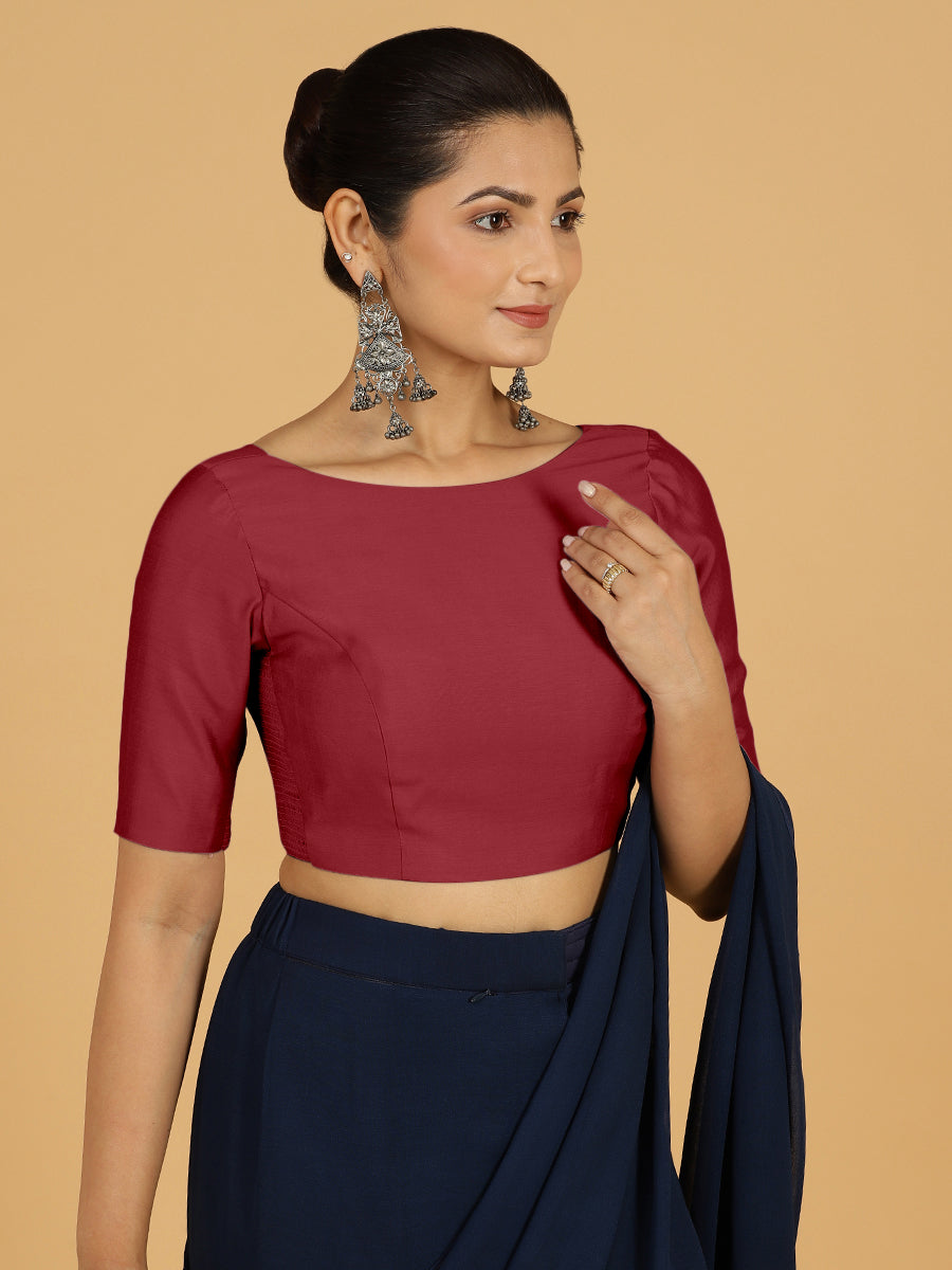 Trisha x Rozaana Saree Blouse, in Red Viscose, featuring elbow sleeves and boat neckline, made for daily & work (view 6).