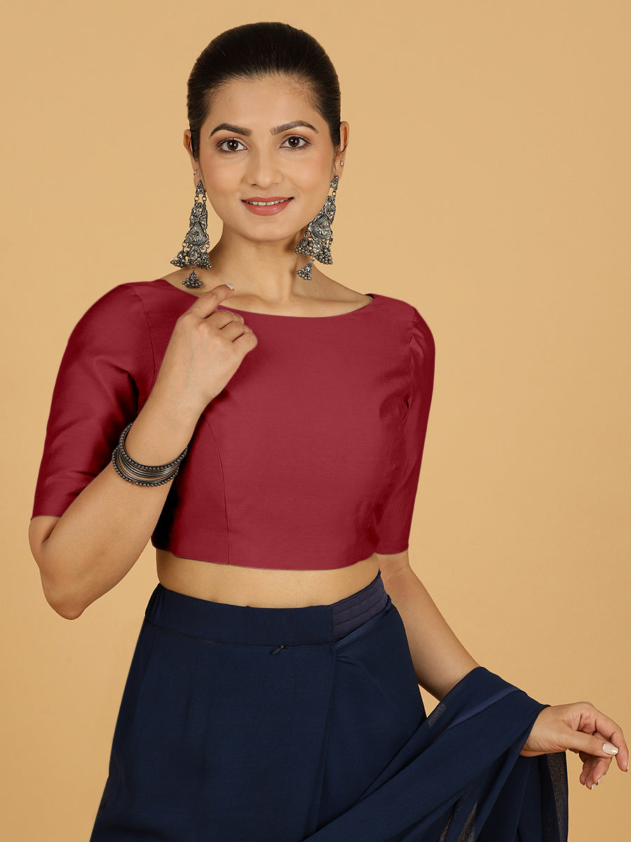 Trisha x Rozaana Saree Blouse, in Red Viscose, featuring elbow sleeves and boat neckline, made for daily & work (view 7).
