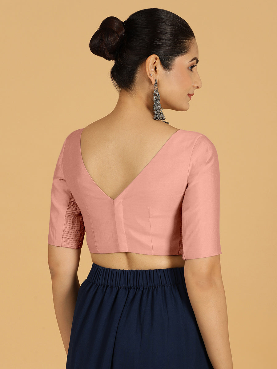 Trisha x Rozaana Saree Blouse, in Pink Viscose, featuring elbow sleeves and boat neckline, made for daily & work (view 2).