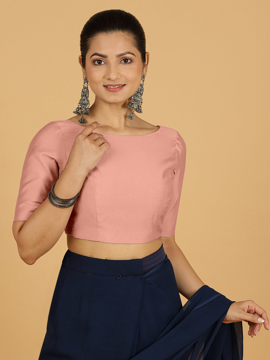 Trisha x Rozaana Saree Blouse, in Pink Viscose, featuring elbow sleeves and boat neckline, made for daily & work (view 6).