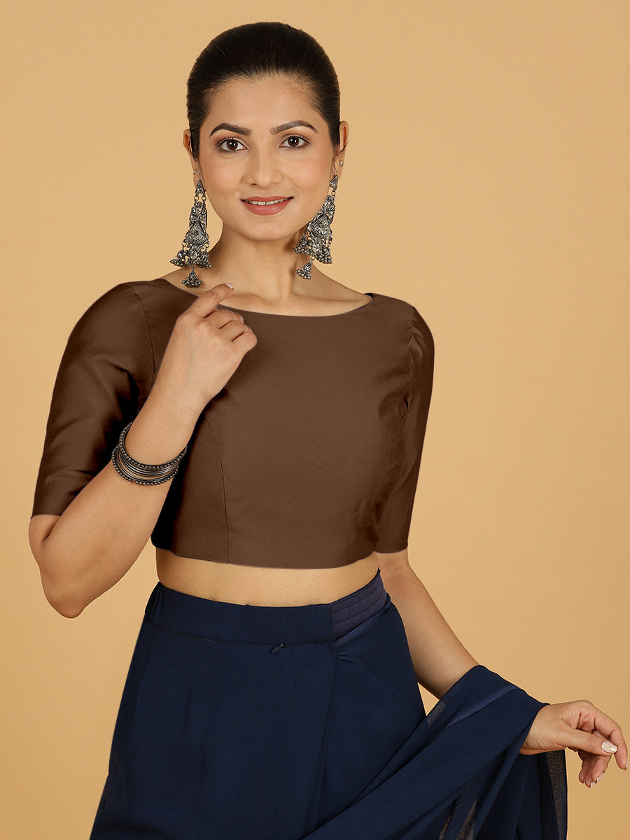 Trisha x Rozaana Saree Blouse, in Brown Viscose, featuring elbow sleeves and boat neckline, made for daily & work (view 6).