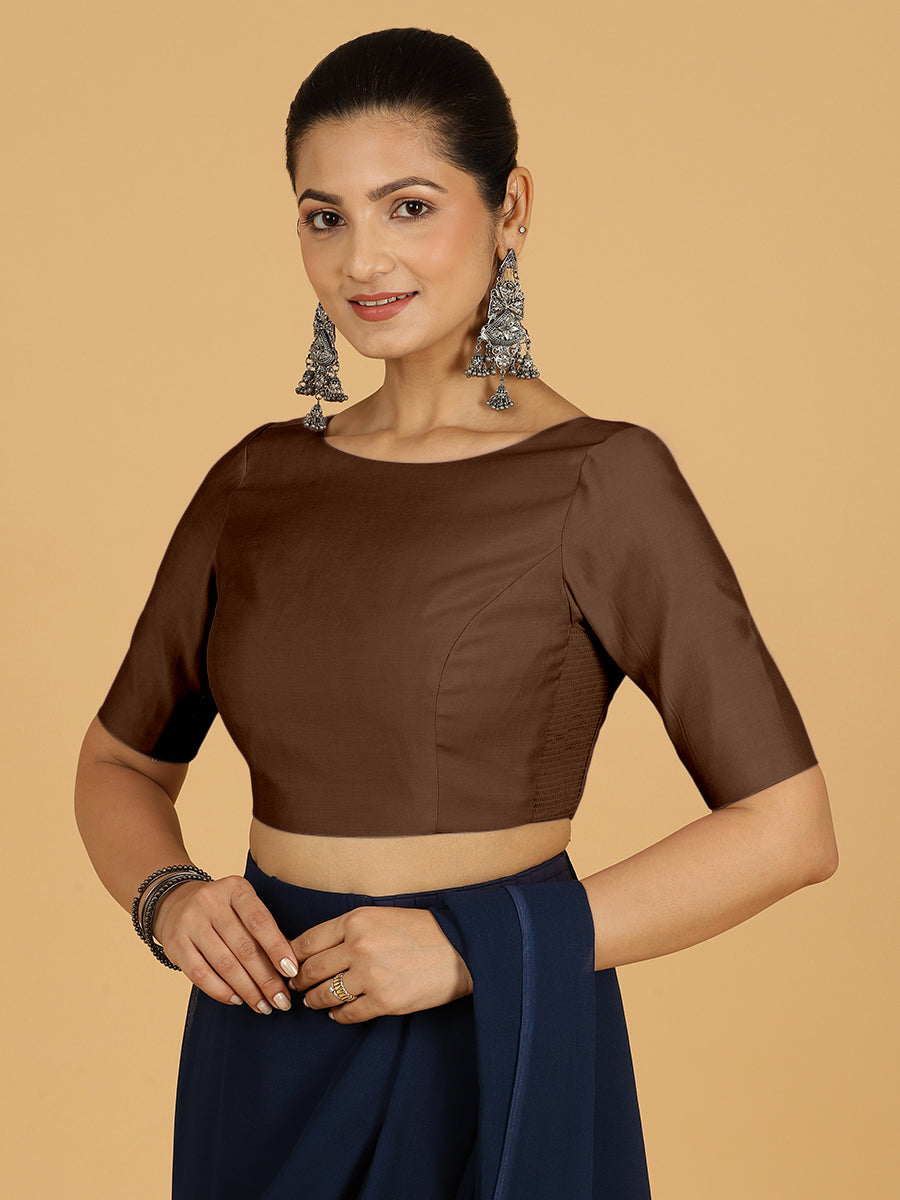 Trisha x Rozaana Saree Blouse, in Brown Viscose, featuring elbow sleeves and boat neckline, made for daily & work (view 7).