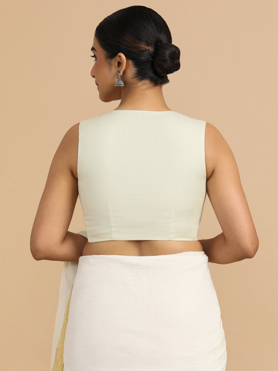 Tulsi x Rozaana Saree Blouse, in White 70% Cotton 30% Linen, featuring sleeveless and jewel neckline, made for daily & work.
