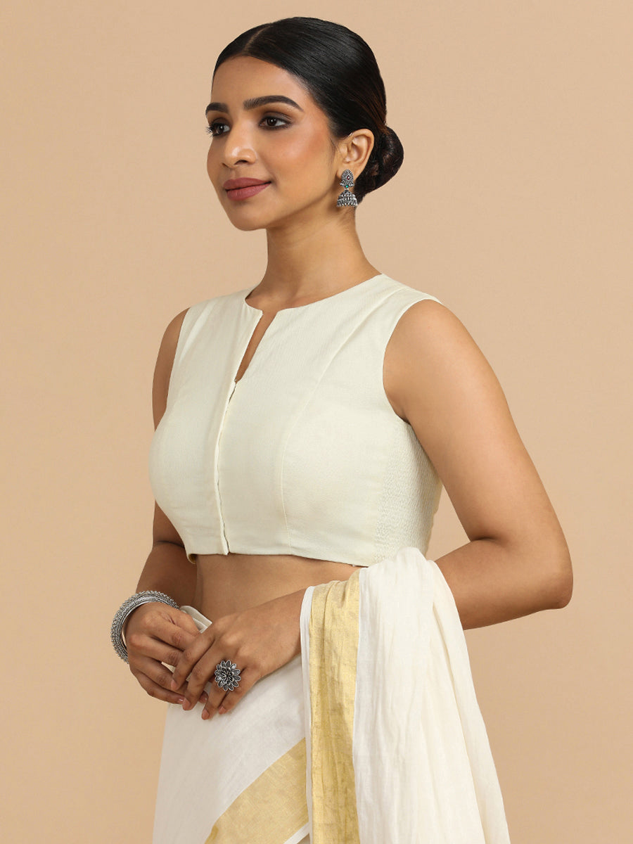 Tulsi x Rozaana Saree Blouse, in White 70% Cotton 30% Linen, featuring sleeveless and jewel neckline, made for daily & work.