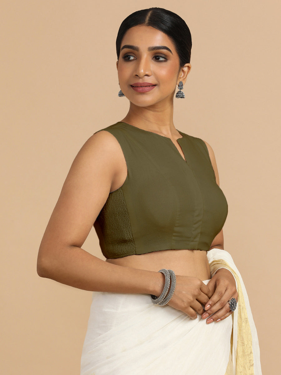 Tulsi x Rozaana Saree Blouse, in Green 70% Cotton 30% Linen, featuring sleeveless and jewel neckline, made for daily & work.