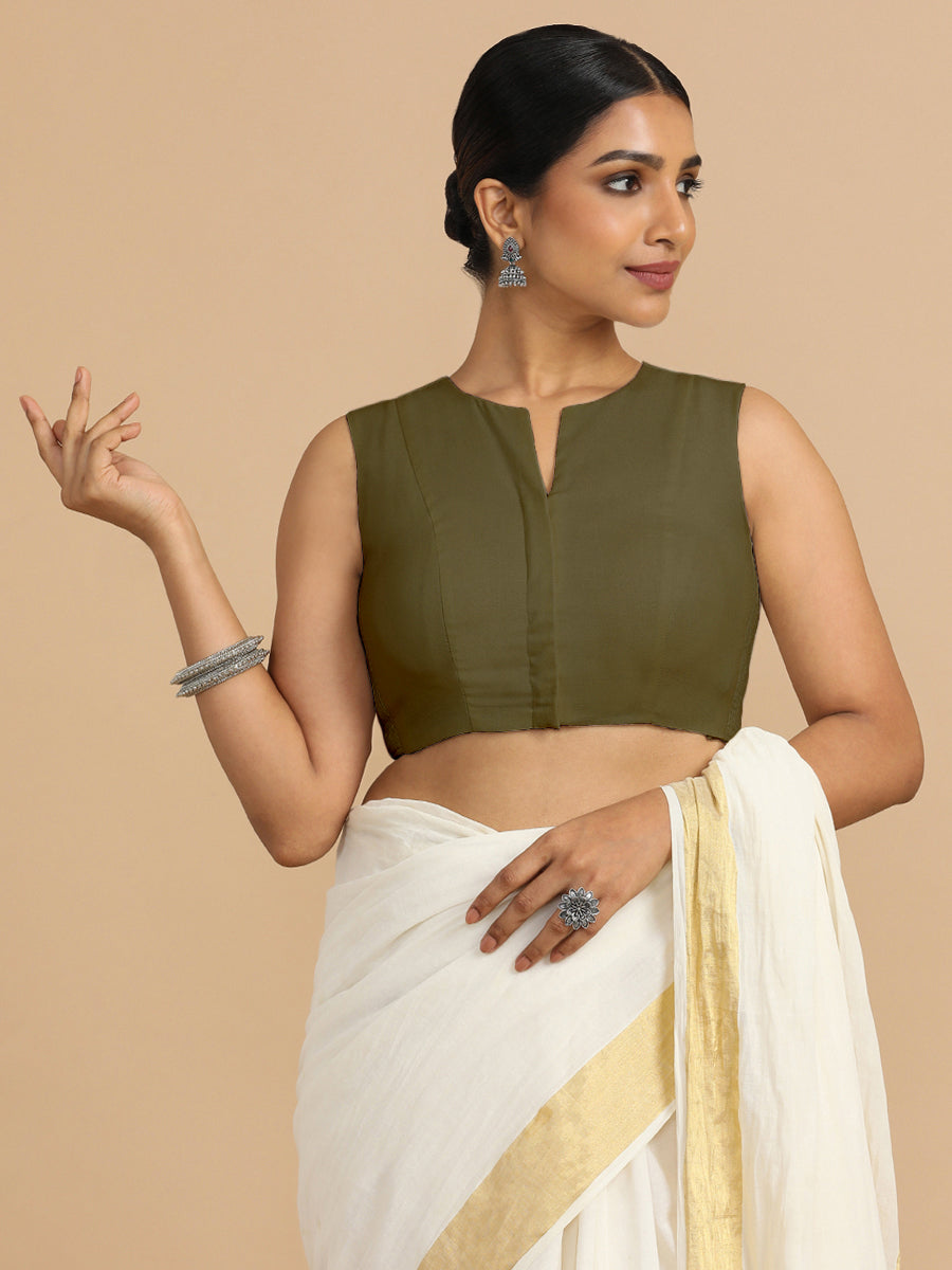 Tulsi x Rozaana Saree Blouse, in Green 70% Cotton 30% Linen, featuring sleeveless and jewel neckline, made for daily & work.