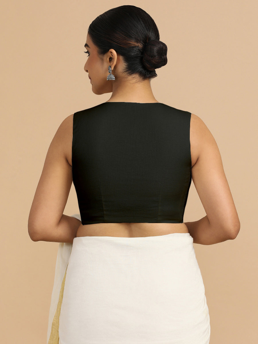 Tulsi x Rozaana Saree Blouse, in Black 70% Cotton 30% Linen, featuring sleeveless and jewel neckline, made for daily & work.