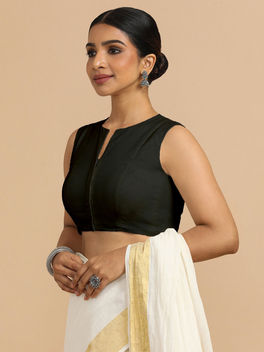 Tulsi x Rozaana Saree Blouse, in Black 70% Cotton 30% Linen, featuring sleeveless and jewel neckline, made for daily & work.