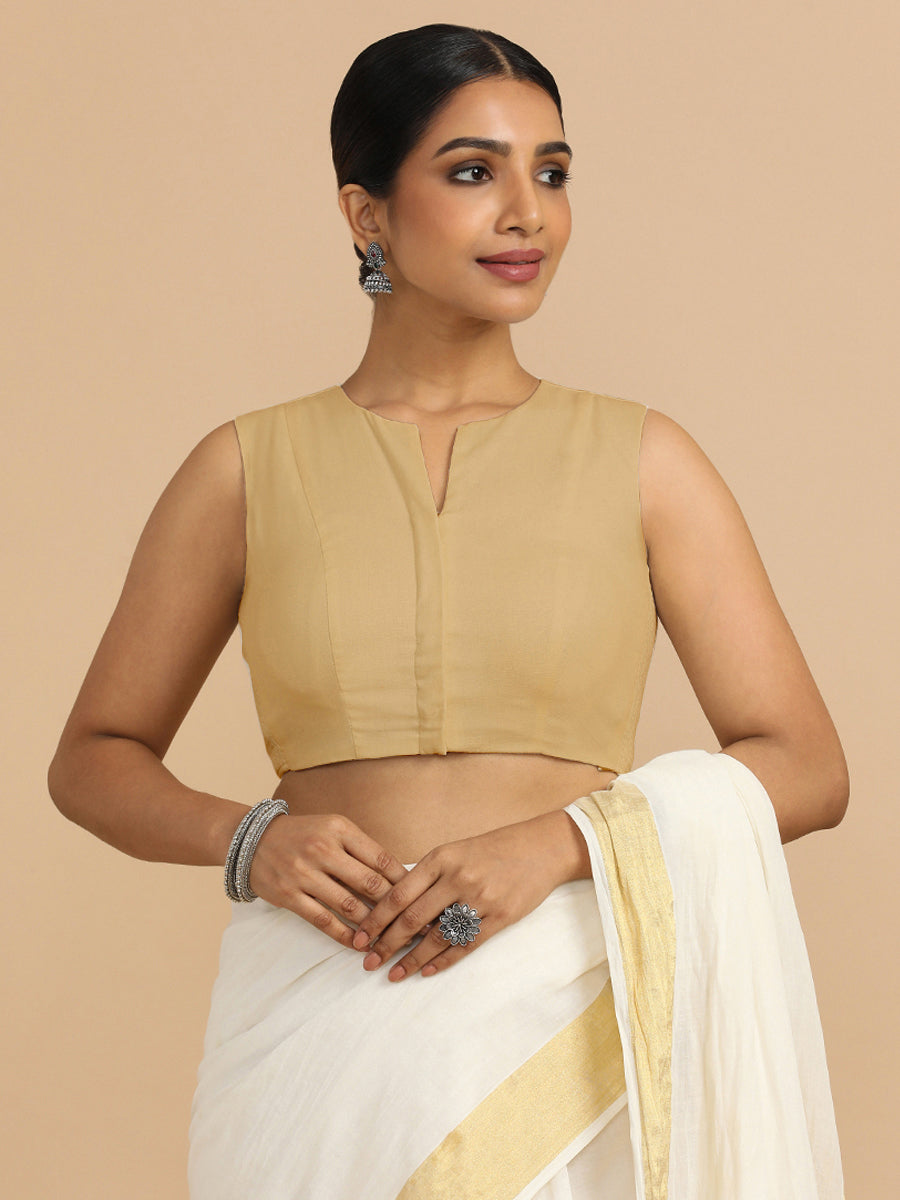 Tulsi x Rozaana Saree Blouse, in Beige 70% Cotton 30% Linen, featuring sleeveless and jewel neckline, made for daily & work.