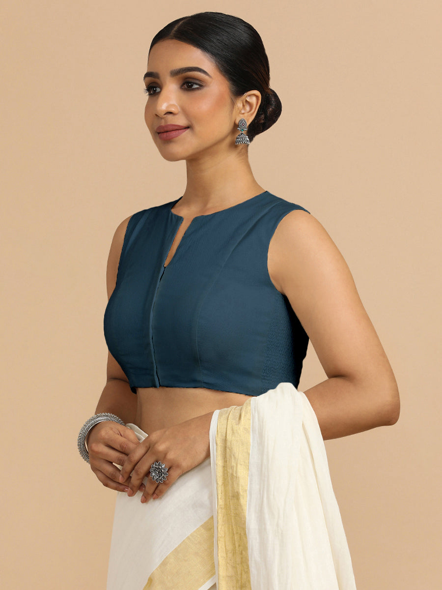 Tulsi x Rozaana Saree Blouse, in Blue 70% Cotton 30% Linen, featuring sleeveless and jewel neckline, made for daily & work.