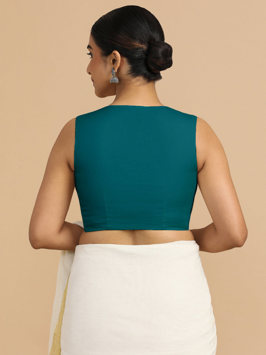 Tulsi x Rozaana Saree Blouse, in Blue 70% Cotton 30% Linen, featuring sleeveless and jewel neckline, made for daily & work.