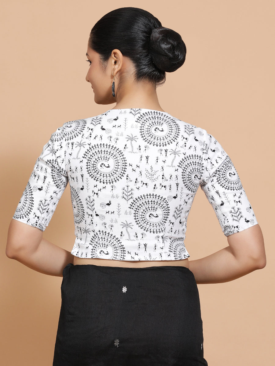 Umika x Rozaana Saree Blouse, in White Cotton, featuring elbow sleeves and round neckline, made for daily & work (view 2).