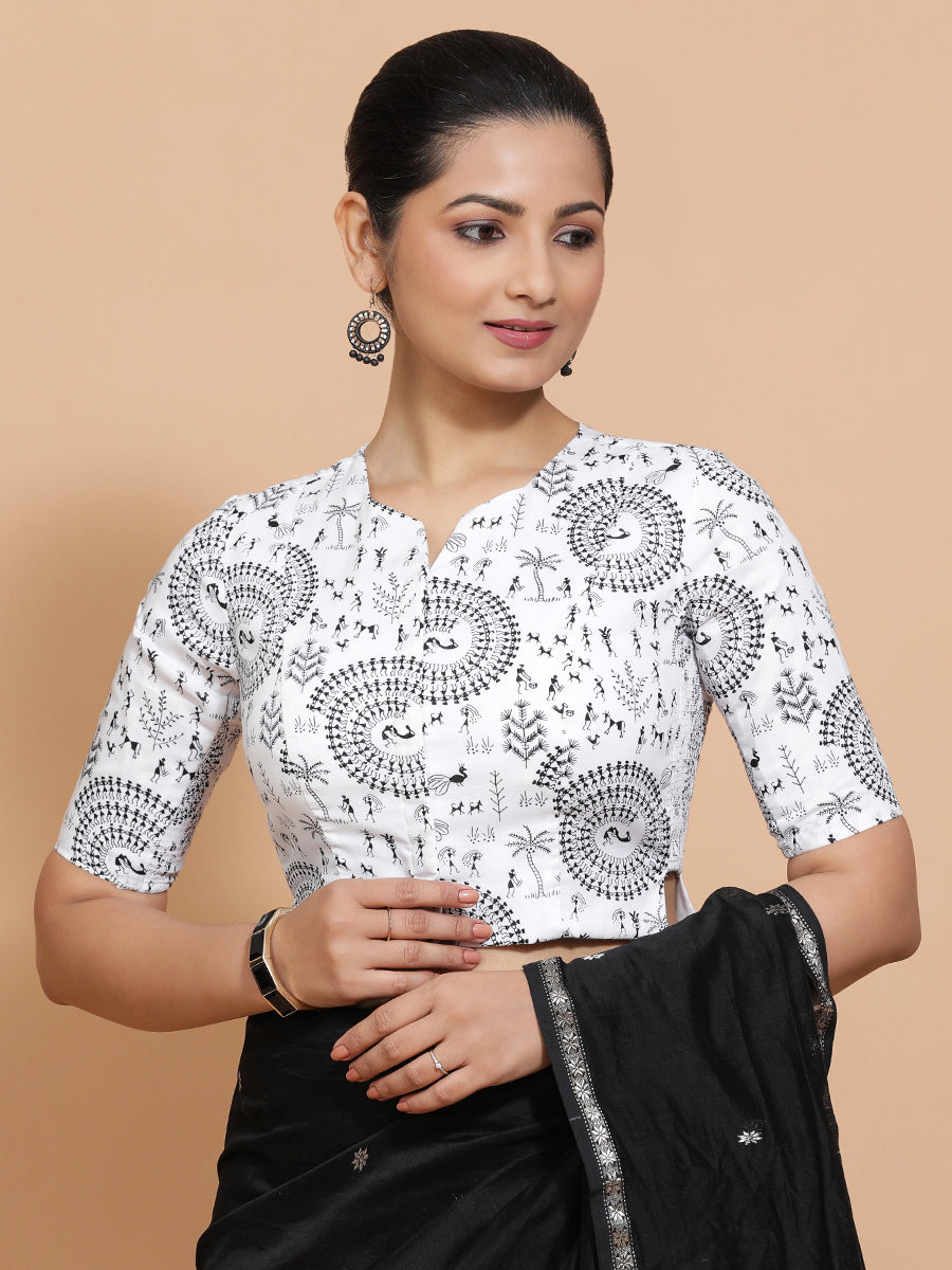 Umika x Rozaana Saree Blouse, in White Cotton, featuring elbow sleeves and round neckline, made for daily & work (view 7).