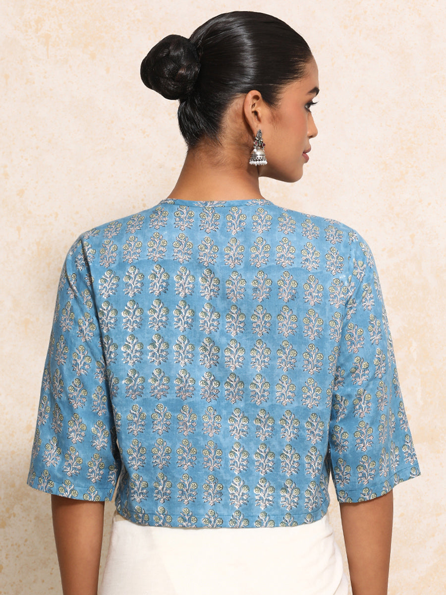 Unnati x Rozaana Saree Blouse, in Blue 100% Cotton - Block Printed, featuring elbow sleeves and jewel neckline (view 2).