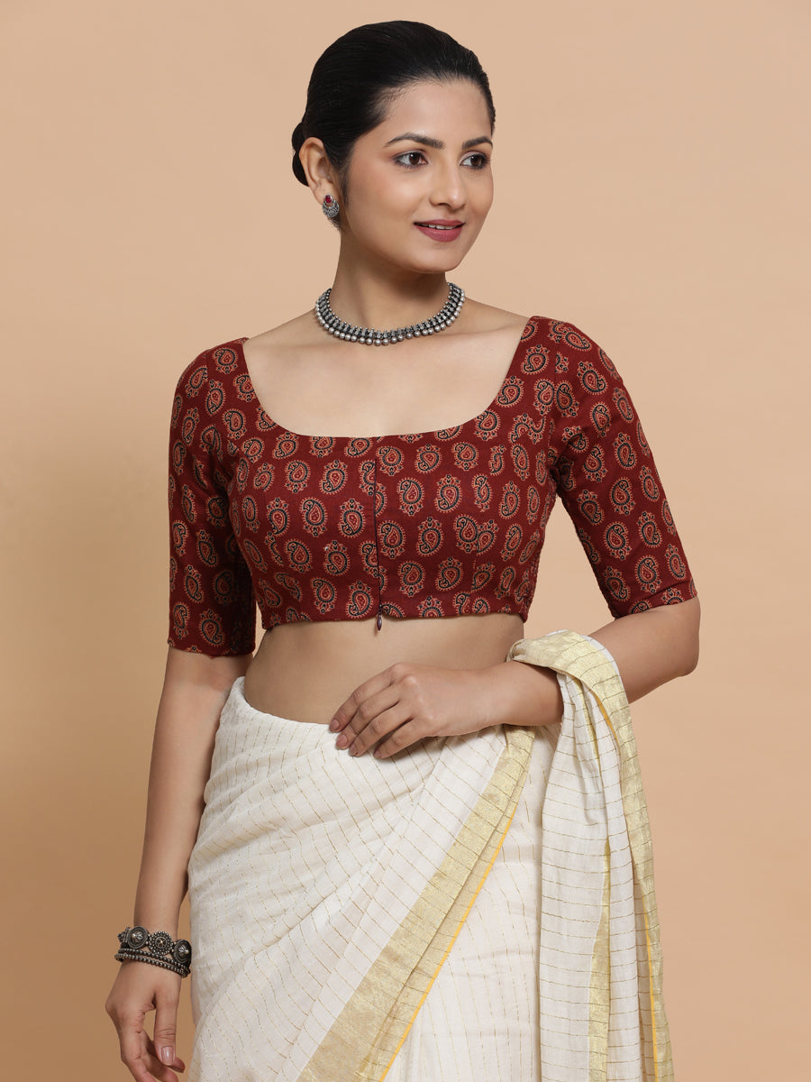 Upasana x Rozaana | Elbow Sleeves Cotton Saree Blouse in Red Mango Block Print Fabric