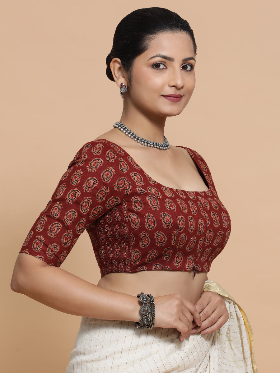 Upasana x Rozaana Saree Blouse, in Red Cotton, featuring elbow sleeves and scoop neckline, made for daily & work (view 7).