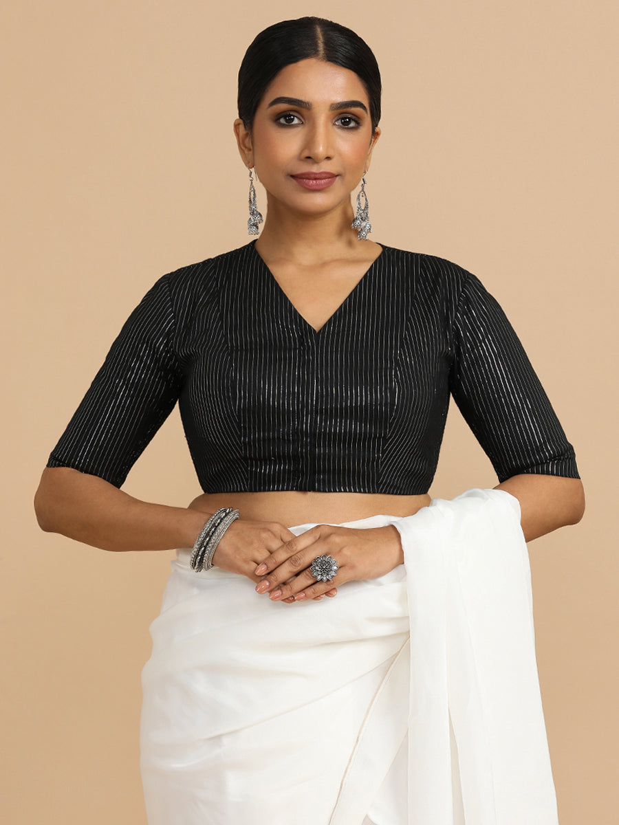 Utsa x Rozaana Saree Blouse, in Black 100% Cotton & Lurex, featuring elbow sleeves and v-neckline, made for party & festive.