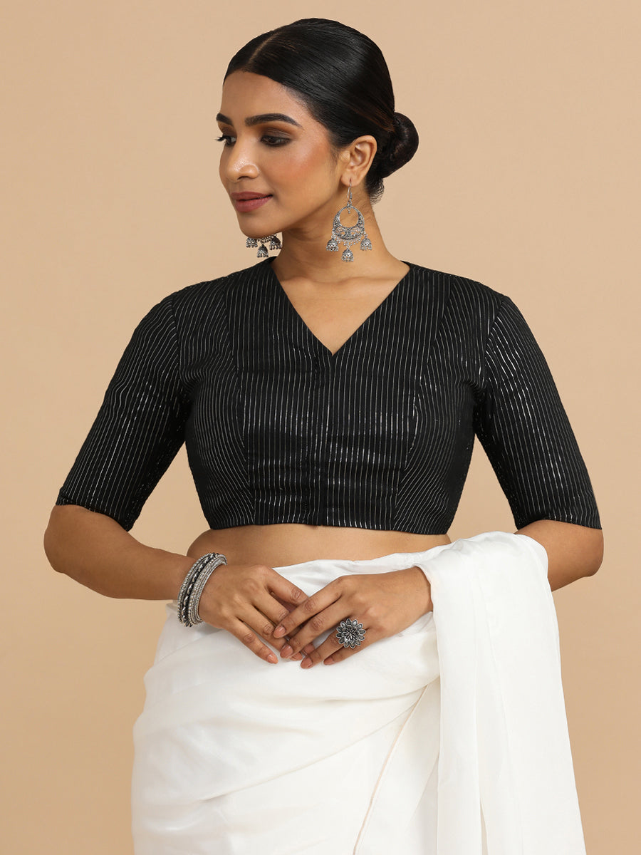 Utsa x Rozaana Saree Blouse, in Black 100% Cotton & Lurex, featuring elbow sleeves and v-neckline, made for party & festive.