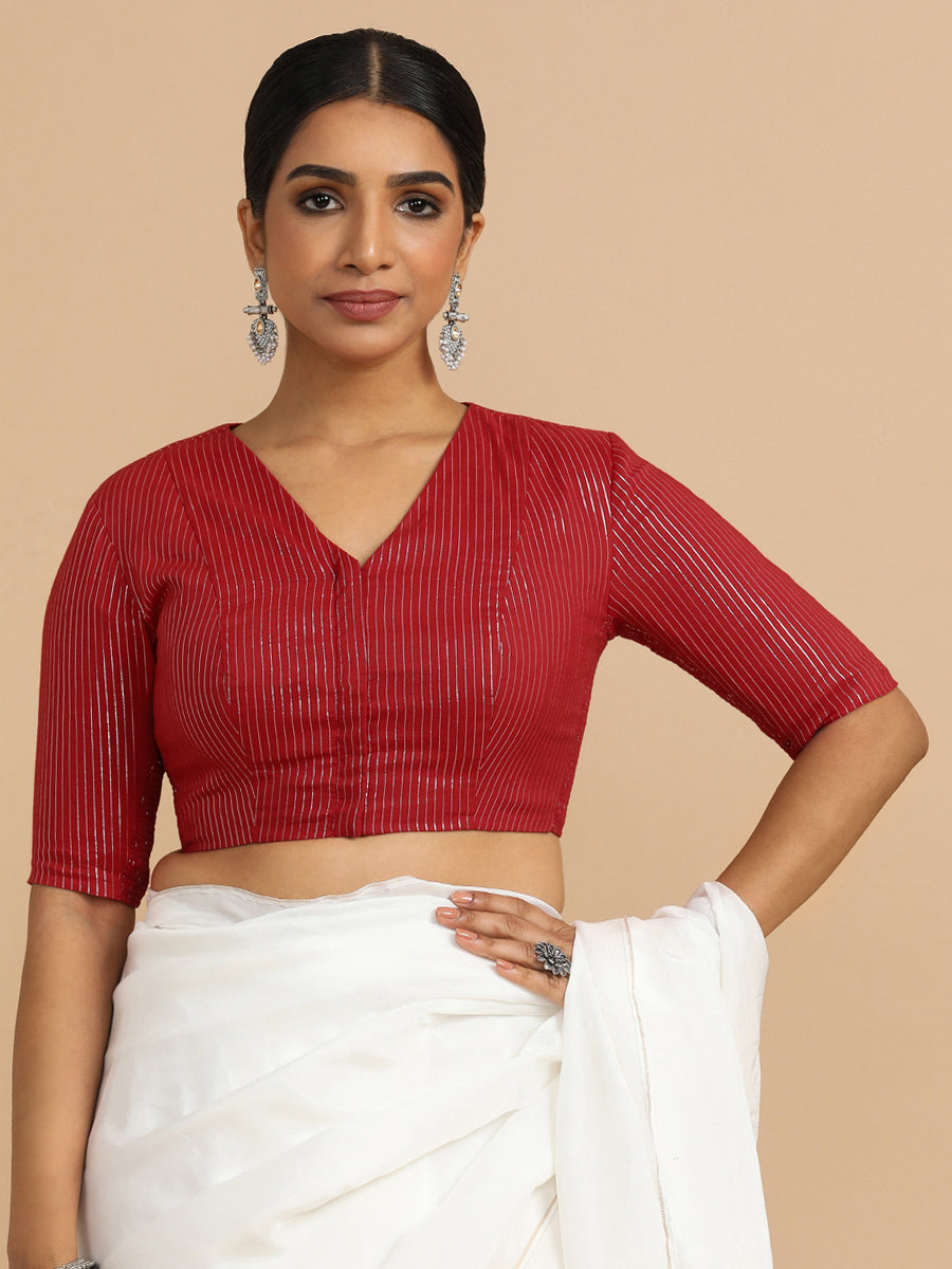 Utsa x Rozaana Saree Blouse, in Red 100% Cotton & Lurex, featuring elbow sleeves and v-neckline, made for party & festive.