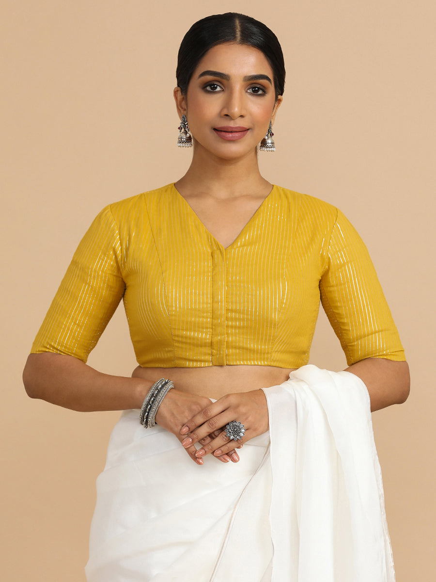 Utsa x Rozaana Saree Blouse, in Yellow 100% Cotton & Lurex, featuring elbow sleeves and v-neckline, made for party & festive.