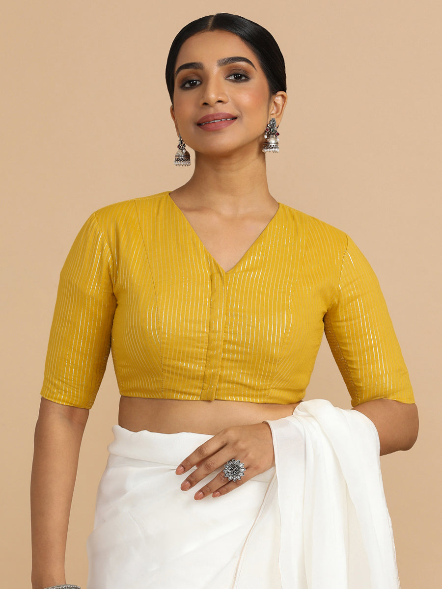 Utsa x Rozaana Saree Blouse, in Yellow 100% Cotton & Lurex, featuring elbow sleeves and v-neckline, made for party & festive.