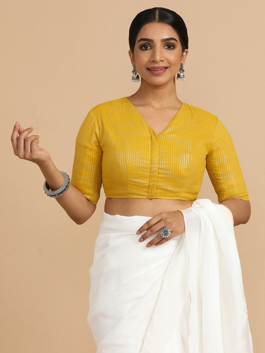 Utsa x Rozaana Saree Blouse, in Yellow 100% Cotton & Lurex, featuring elbow sleeves and v-neckline, made for party & festive.