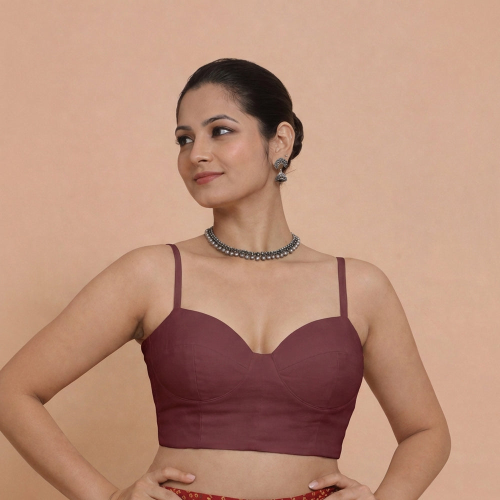 Vamika x Rozaana | Sweetheart Neck Deep Maroon Solid Viscose Saree Blouse