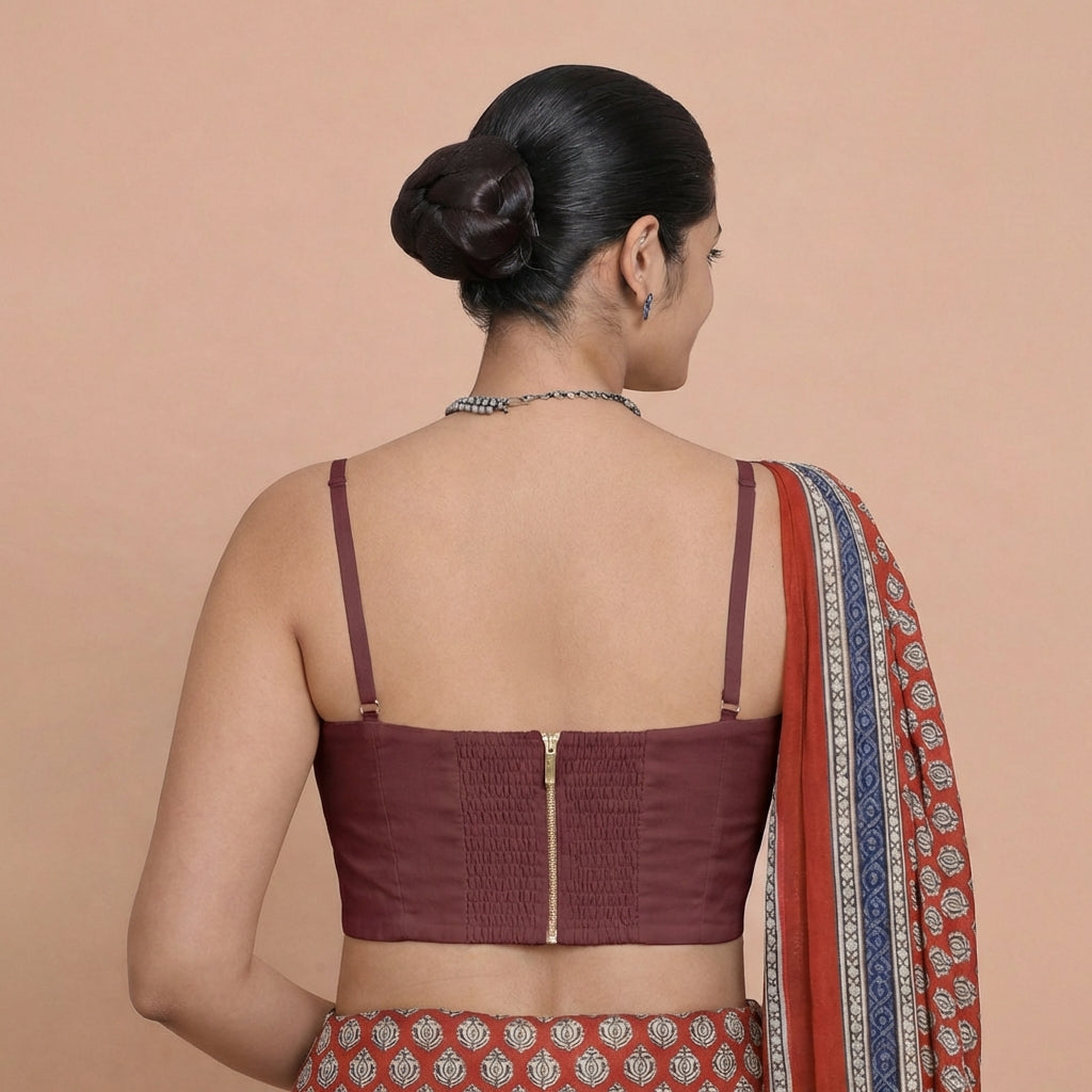 Vamika x Rozaana Saree Blouse, in Maroon 80% Viscose 20% Polyester, featuring sleeveless and sweetheart neckline (view 2).