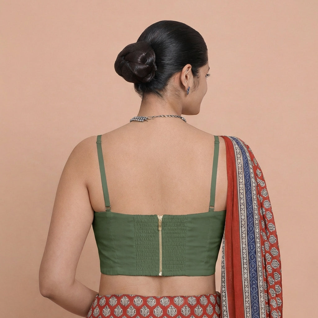 Vamika x Rozaana Saree Blouse, in Green 80% Viscose 20% Polyester, featuring sleeveless and sweetheart neckline (view 2).