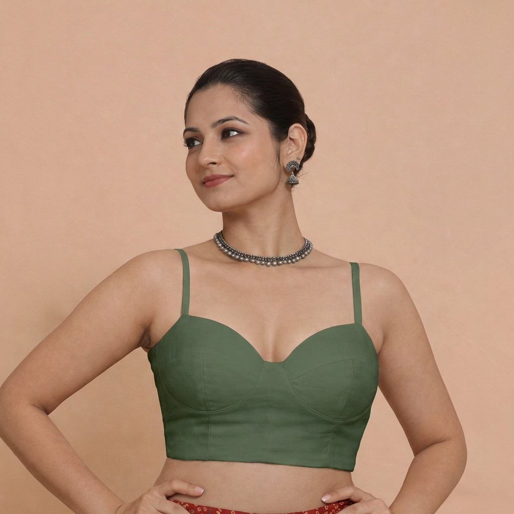 Vamika x Rozaana Saree Blouse, in Green 80% Viscose 20% Polyester, featuring sleeveless and sweetheart neckline (view 3).