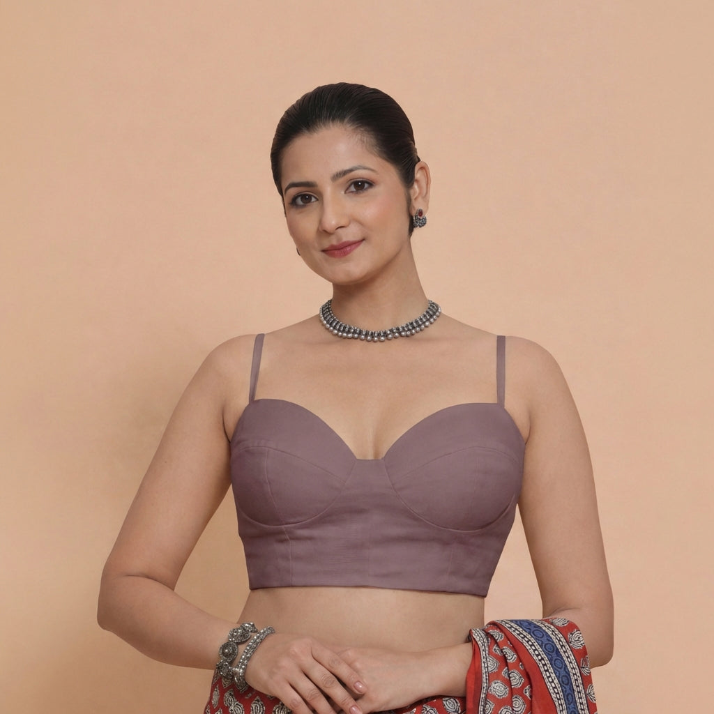 Vamika x Rozaana Saree Blouse, in Purple 80% Viscose 20% Polyester, featuring sleeveless and sweetheart neckline (view 3).