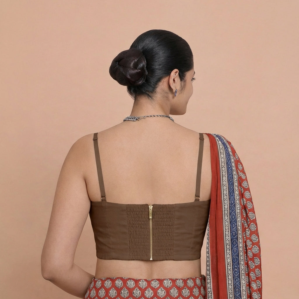 Vamika x Rozaana Saree Blouse, in Brown 80% Viscose 20% Polyester, featuring sleeveless and sweetheart neckline (view 2).
