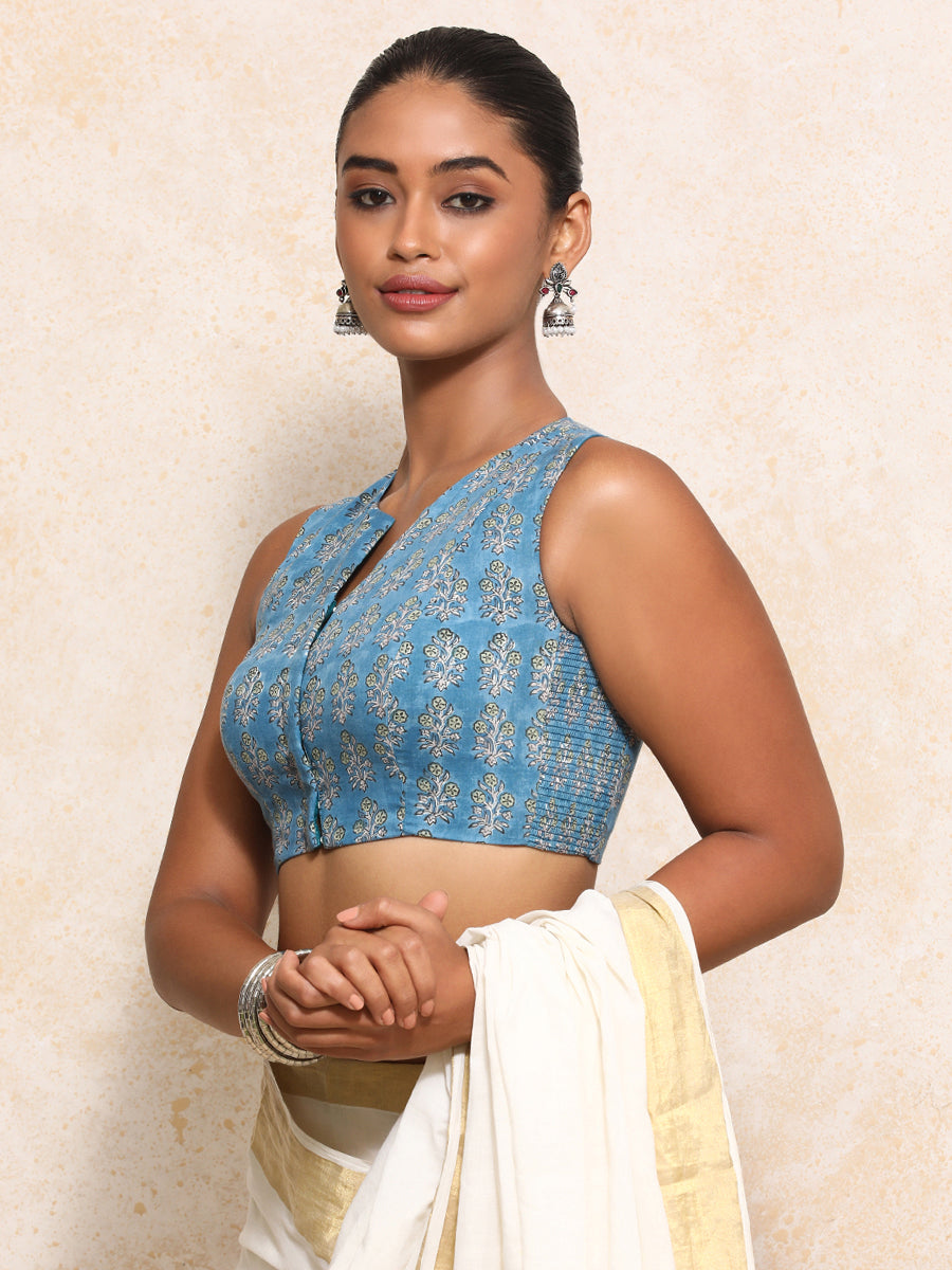 Varnika x Rozaana Saree Blouse, in Blue 100% Cotton - Block Printed, featuring sleeveless and jewel neckline (view 4).