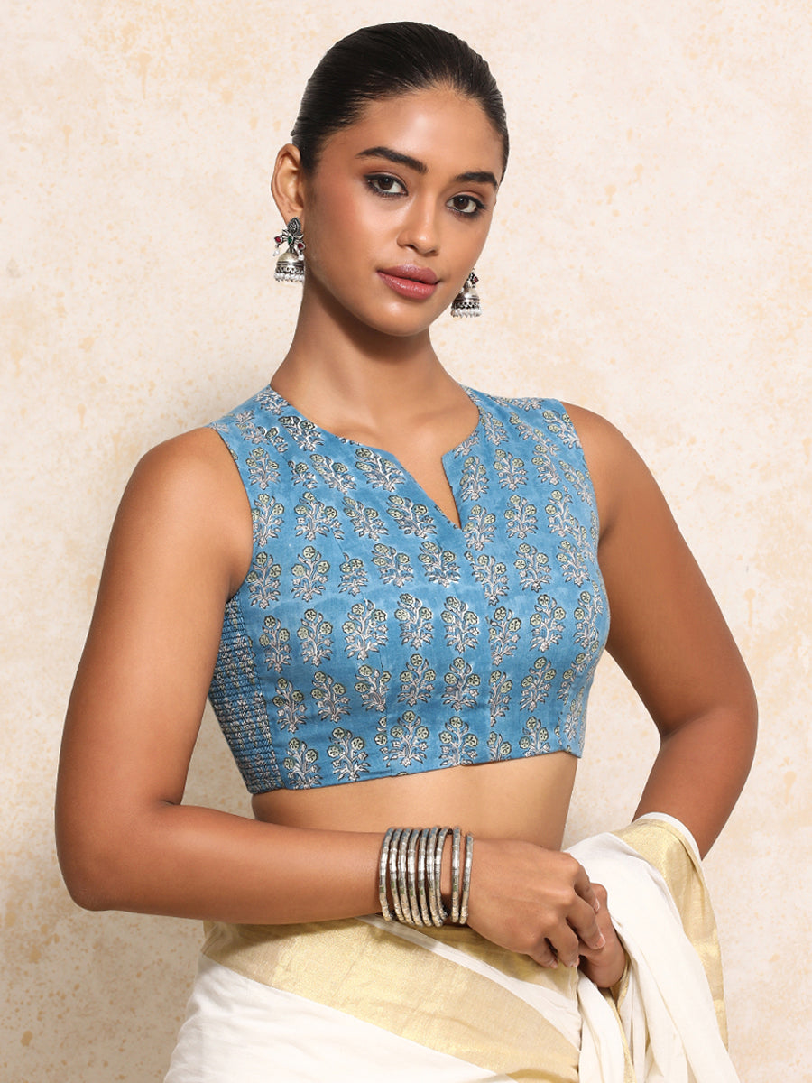 Varnika x Rozaana Saree Blouse, in Blue 100% Cotton - Block Printed, featuring sleeveless and jewel neckline (view 6).