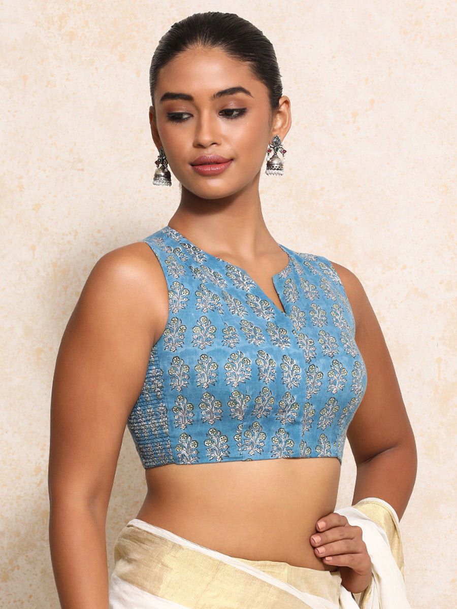 Varnika x Rozaana Saree Blouse, in Blue 100% Cotton - Block Printed, featuring sleeveless and jewel neckline (view 7).